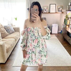 Faithfull The Brand Alina Floral Smocked Linen Mini Dress in Venissa US 6 Medium
